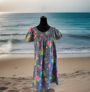 VTG 70s Made in Hawaii Mumu Dress – Small Blue Tiki Party Luau Lounge Resortwear